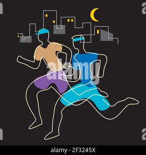 Nachtjogging in der Stadt, zwei Läufer. Illustration von Kufen mit durchgehender Linienzeichnung auf schwarzem Hintergrund. Vektor verfügbar. Stock Vektor