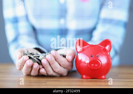 Weibliche Hände halten eine Handvoll Münzen neben Rot Schweinebank Stockfoto