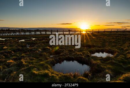 East Lothian, Schottland, Großbritannien, 14th. März 2021. UK Wetter: Sonnenuntergang im Aberlady Naturreservat. Die Sonne geht über das Feuchtgebiet in Aberlady Bay und die hölzerne Fußgängerbrücke unter Stockfoto