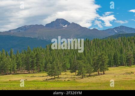 Longs Peak über eine Alpine Meadow in Rocky Mountain National Parken Sie in Colorado Stockfoto