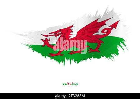 Flagge von Wales im Grunge-Stil mit Windeffekt, Vektor Grunge Pinselstrich Flagge. Stock Vektor