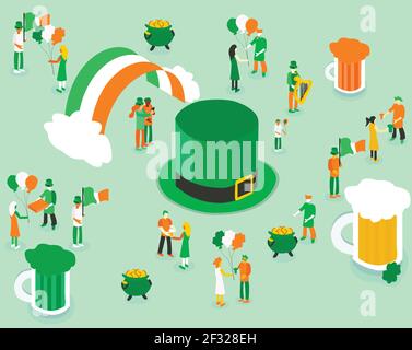 Die Menschen verbringen glückliche Zeit in saint Patrick's Day Festival, isometrische Illustration Stock Vektor