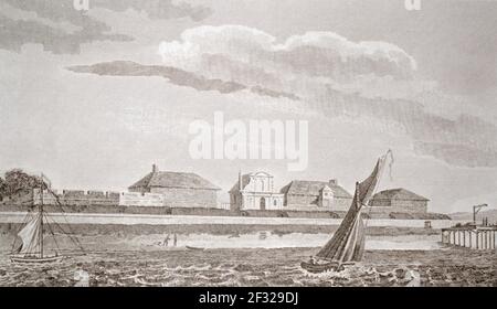 Eine historische Ansicht von Tilbury Fort in Essex, England, Großbritannien. Gestochen von Sparrow nach einer Zeichnung von Gyfford, veröffentlicht in Hughsons Buch 'Description of London' im Jahre 1808. Stockfoto