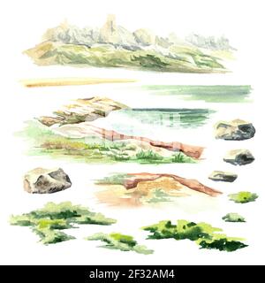 Elemente im Querformat. Aquarell handgezeichnete Illustration, isoliert auf weißem Hintergrund Stockfoto