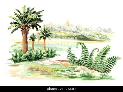 Prähistorische Landschaft. Aquarell handgezeichnete Illustration, isoliert auf weißem Hintergrund Stockfoto