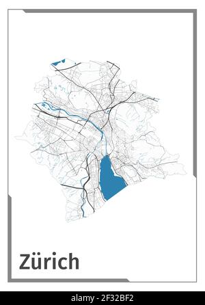 Kartenplakat Zürich, Grundriss Verwaltungsgebiet. Schwarz, weiß und blau Detailkarte der Stadt Zürich mit Flüssen und Straßen. Umreißen Sie die Silhouette Stock Vektor