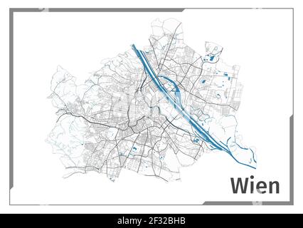 Kartenplakat Wien, Lageplan Ansicht. Schwarz, weiß und blau detaillierte Designkarte von Wien mit Flüssen und Straßen. Umreißen Sie die Silhouette Stock Vektor