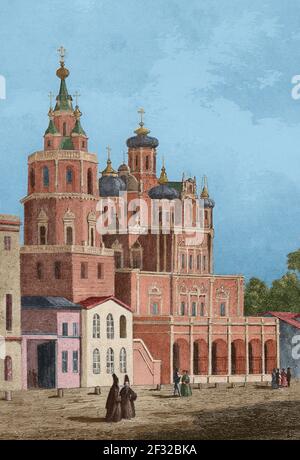 Russland, Moskau. Die Kirche der Annahme in der Pokrovka Straße. Beispiel der Barockarchitektur von Narysnkin. Es wurde 1936 abgerissen. Stich nach Cadolle und gestochen von Gibert. Geschichte Russlands von Jean Marie Chopin (1796-1870). Panorama Universal, spanische Ausgabe, 1839. Spätere Färbung. Stockfoto