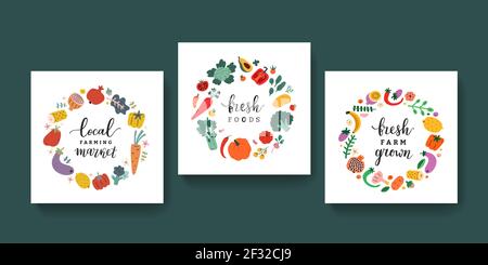 Gemüserahmen-Kollektion mit Schriftzug, Veggies-Illustrationen im Kreis, Poster oder Karte für Bauernmarkt oder Bioladen Stock Vektor