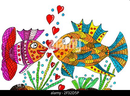 Zwei Fische mit Herzen, weißer Hintergrund, naive Illustration Stockfoto