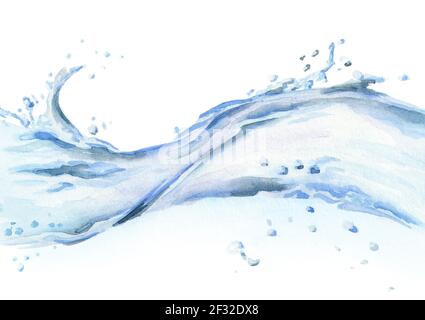 Wasserwelle isoliert auf weißem Hintergrund. Aquarell handgezeichnete Illustration Stockfoto