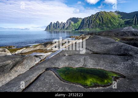 Gezeitenbecken, felsige Küste von Tungeneset, felsiger Gipfel Teufelszähne, Teufelszähne, Okshornan, Steinfjorden, Senja Island, Troms, Norwegen Stockfoto