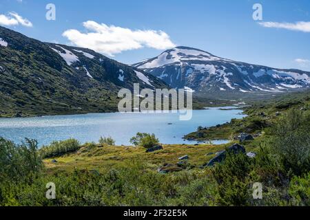 Türkisfarbener See und Berge, Norwegische Landschaftsroute, Gamle Strynefjellsvegen, zwischen Grotli und Videsaeter, Norwegen Stockfoto