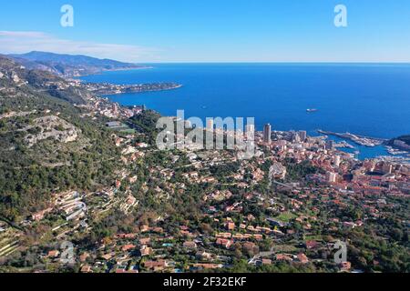 Luftaufnahme des Fürstentums Monaco und Roquebrune Cap Martin, gesehen von La Turbie Departement Alpes-Maritimes, Region Provence Alpes Cote Stockfoto
