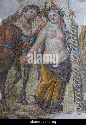 Mosaik, Dionysos Zug, Centaur und Maenad, Haus von Aion, Archäologische Stätte, Archäologischer Park, Paphos, Zypern Stockfoto