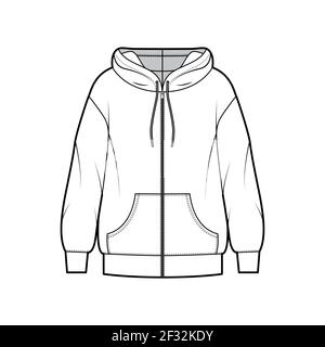 Zip-up Hoody Sweatshirt technische Mode-Illustration mit langen Ärmeln, übergroßen Körper, Kängurutasche, Saum gebundener. Flache Bekleidungsvorlage vorne, weiß im Stil. Frauen, Männer, Unisex CAD Mockup Stock Vektor