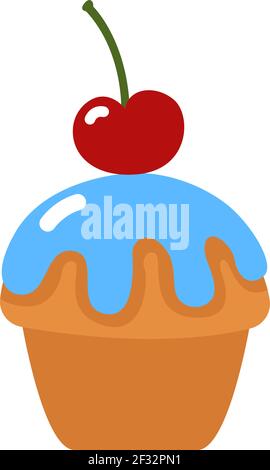 Cupcake mit blauem Sahnehäubchen und Kirsche oben, Illustration, Vektor auf weißem Hintergrund Stock Vektor