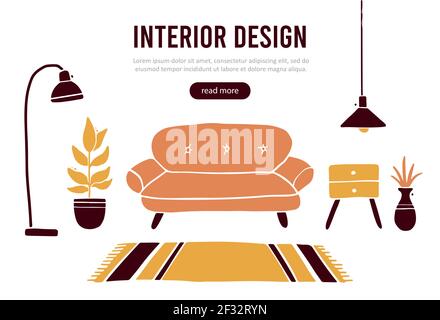 Bannervorlage von Wohnzimmermöbeln, Sofa, Hausanlage, Stehleuchte, Regal, Teppich. Schlichte, trendige Flat-Optik. Illustration für Innenarchitektur, Möbelhaus, Website, Flyer, Broschüre. Stock Vektor