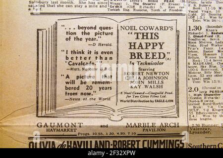 Anzeige für Noel Cowards neuen Film „This Happy Breed“ in der Evening Standard Zeitung (Replik) am 6. Juni 1944. Stockfoto