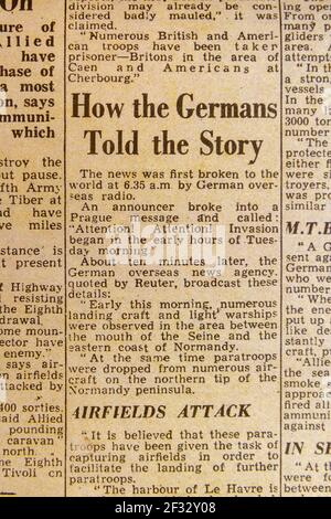 „How the Germans Told the Story“ mit Blick auf erste deutsche Berichte über die Landungen am D-Day, Evening Standard Zeitung (Replik) am 6. Juni 1944. Stockfoto