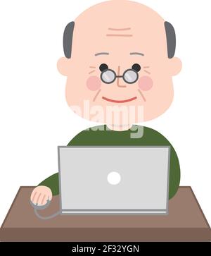 Älterer Mann, der einen Laptop benutzt. Vektorgrafik isoliert auf weißem Hintergrund. Stock Vektor