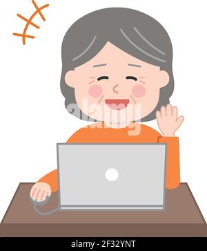 Lachende ältere Frau, die einen Laptop anschaut. Vektorgrafik isoliert auf weißem Hintergrund. Stock Vektor