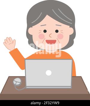 Ältere Frau mit einem Videoanruf auf dem Laptop. Vektorgrafik isoliert auf weißem Hintergrund. Stock Vektor