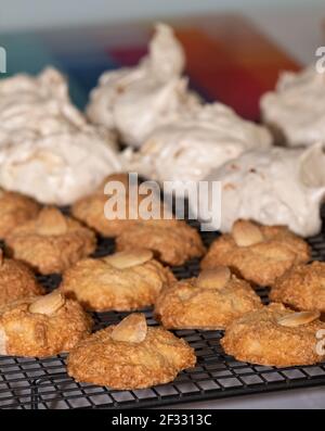 Kekse für das jüdische Passahfest (Pesach). Mandel-Makronen-Kekse und Kokosnussmeringue-Kuchen, präsentiert auf einem Kühltablett Stockfoto