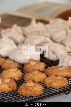 Kekse für das jüdische Passahfest (Pesach). Mandel-Makronen-Kekse und Kokosnussmeringue-Kuchen, präsentiert auf einem Kühltablett Stockfoto