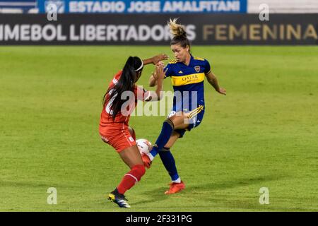 Stadt Buenos Aires, Stadt Buenos Aires, Argentinien. März 2021, 14th. SPORT.- 14. März 2021. Buenos Aires, Argentinien.- Boca Juniors (ARG) und America de Cali (Kolumbien) spielen das letzte Viertel Fußball-Frau CONMEBOL Copa Libertadores, Jose Amalfitani Stadion in Buenos Aires, Argentinien, Sonntag, 14. März 2021. Quelle: Julieta Ferrario/ZUMA Wire/Alamy Live News Stockfoto