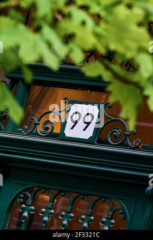 Metallplatte mit 99 Nummer über Ziertür in der Nähe installiert Äste mit grünen Blättern auf der Straße Stockfoto