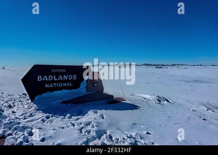 Badlands National Park im Winter, South Dakota, USA Stockfoto