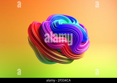 Abstract moderne dynamische Regenbogen Spektrum farbige fließende Kurve wirbeln oder wirbeln Spiralform Objekt auf buntem Hintergrund, 3D Illustration Stockfoto