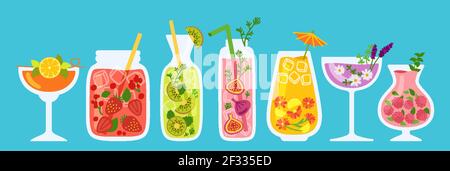 Hawaii Cocktails, Sommerkrug, Glas und Saft Cartoon-Set. Tropische Erdbeerlemonade und Tee und Orangenfrische Smoothie-Menü. Glas Getränke handgezeichnete flache Design-Menü. Trendige Vektorgrafik Stock Vektor