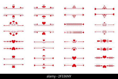 Satz von roten Textrahmen dünne Linie und Herz-Element. Romantisch elegant ornamental Dekor Text Rahmen Kontur ideal für Design für Buchseite Text, Karte, Menü auf Valentinstag isoliert Vektor-Illustration Stock Vektor