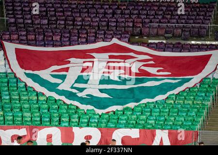 Rio, Brasilien - 14. märz 2021: Tricolor Schild im Spiel zwischen Flamengo gegen Fluminense von Carioca Championship im Maracana Stadium Stockfoto