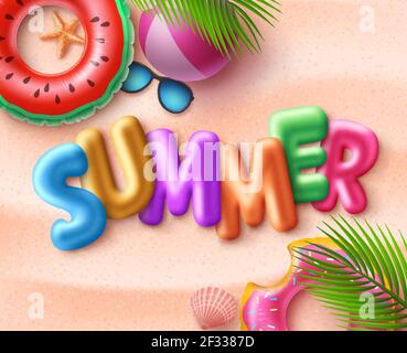Sommer Strand Vektor Hintergrund Design. Sommer 3D Text mit bunten Strandelementen wie Schwimmern, Rettungsring, Beachball und Sonnenbrillen am Meer Stock Vektor