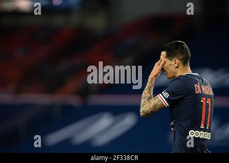 Paris, Frankreich. März 2021, 14th. Angel Di Maria von Paris Saint Germain reagiert während des Fußballspiels der französischen Ligue 1 zwischen Paris Saint Germain (PSG) und dem FC Nantes im Stadion Parc des Princes in Paris, Frankreich, am 14. März 2021. Quelle: Aurelien Morissard/Xinhua/Alamy Live News Stockfoto
