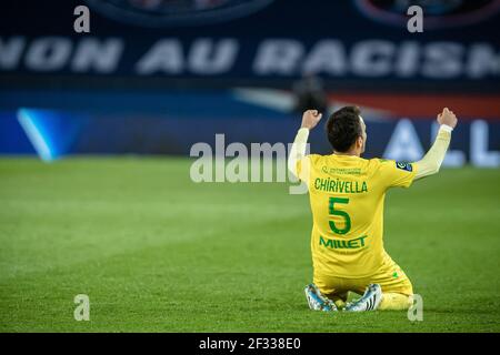 Paris, Frankreich. März 2021, 14th. Pedro Chirivella von Nantes feiert den Sieg nach dem Fußballspiel der französischen Ligue 1 zwischen Paris Saint Germain (PSG) und dem FC Nantes am 14. März 2021 im Stadion Parc des Princes in Paris. Quelle: Aurelien Morissard/Xinhua/Alamy Live News Stockfoto