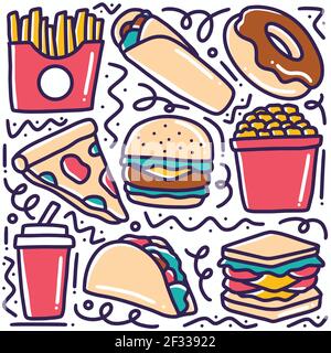 Handgezeichnetes Fast Food Doodle Set Stock Vektor