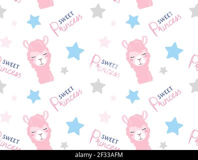 Kindliche nahtlose Muster niedlichen rosa Lama. Textur für Kinder und Neugeborene. Vektor-Tapete, Inschrift niedliche Prinzessin, mit Sternen. Pastellfarben isoliert auf weißem Hintergrund. Stock Vektor