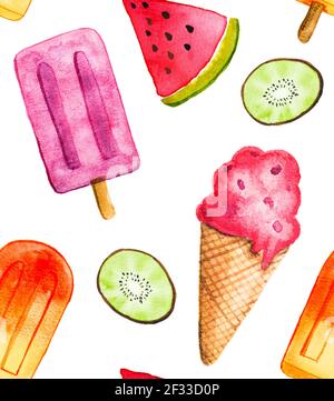 Bunte Aquarell Eis Sommer Eis Kiwi Obst und Wasser Popsicle Melone Herzen Hintergrund Muster Illustration Stockfoto