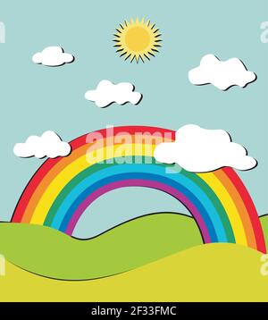 Landschaft mit Regenbogen und Schmetterlingen Stock Vektor