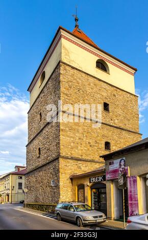 Zywiec, Polen - 30. August 2020: Steinerner Glockenturm - Kamienna Dzwonnica - neben der Kathedrale der Geburt der seligen Jungfrau Maria im historischen Zentrum von Zywiec