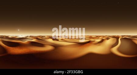 360 Grad Panorama des Sonnenuntergangs auf dem Mars, Sanddünen, Umwelt 360 HDRI Karte. Gleicheckige Projektion, kugelförmiges Panorama. 3D Rendern Stockfoto