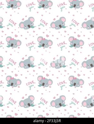 Nahtloses Muster mit niedlichen Koala-Bären. Hintergrund für Tiervektoren. Schönes Koala Familienmotto für Kinder. Tapete Muster Textil Valentinstag. Inschrift Schriftzug Love You. Grau und Rosa Stock Vektor