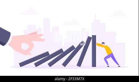Business Resilienz oder Domino Effekt Metapher Vektor Illustration. Riesige Hand beginnt Kettenreaktion der fallenden Domino Linie und Geschäftsmann versuchen, s Stock Vektor
