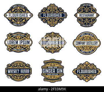 Alkoholgetränke Marken-, Getränke- oder Firmen-Retro-Labels mit kunstvollen und floralen Verzierungen. Whiskey, Ingwer Gin Likör oder Wein, Destillerie, Restaurant Stock Vektor
