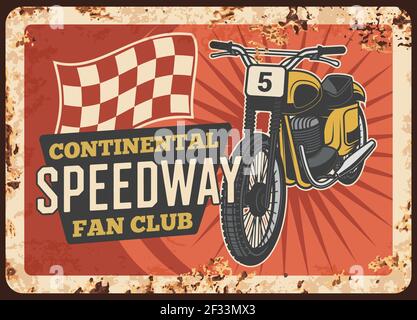 Speedway Motorrad Metallplatte rostig, Moto Biker Fanclub, Vektor vintage Retro Poster. Speedway Motocross Moto Racing und Custom Chopper Bike Garag Stock Vektor