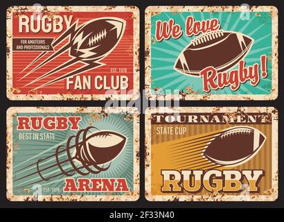 Rugby Rosty Metallplatten, Vektor-Vintage-Karten mit Ball in Bewegung und Trail. American Football Sportausrüstung, City Fun Club Rost Zinn Schilder. Colleg Stock Vektor